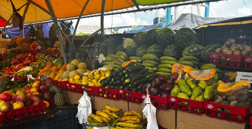 A colorful market display of various fruits and vegetables, including watermelons, bananas, and mangoes.