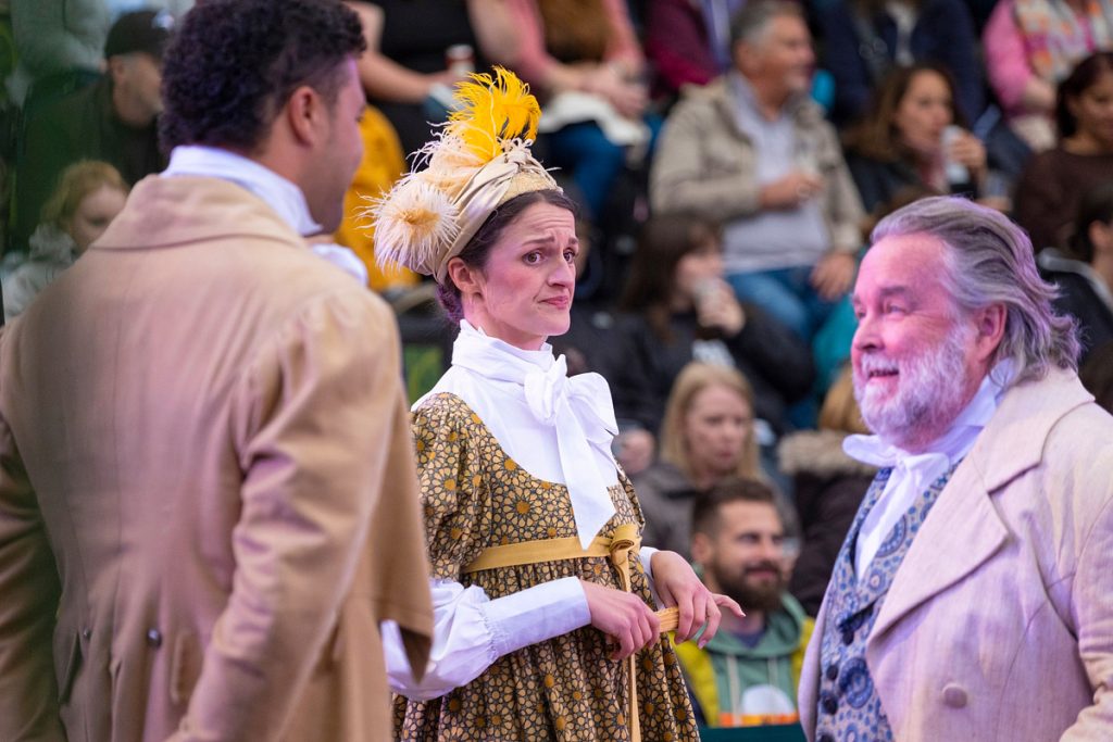 L-R: Eddy Westbury as Mr Bingley; Lauren Chinery as Caroline Bingley; Howard Chadwick as Mr Bennet