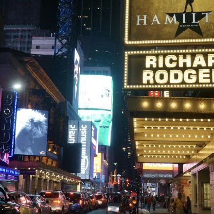 Broadway theatres lit up at night in New York City