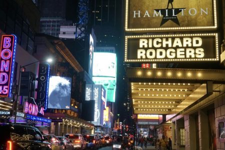 Broadway theatres lit up at night in New York City