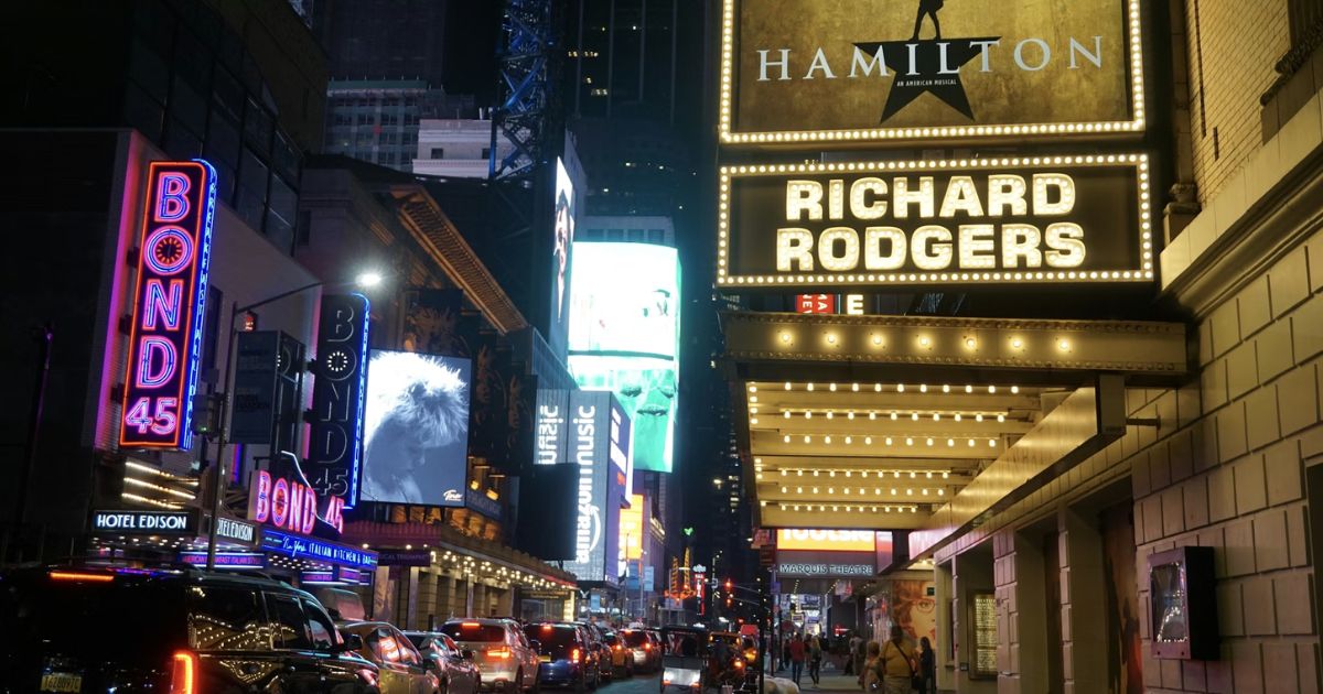 Broadway theatres lit up at night in New York City