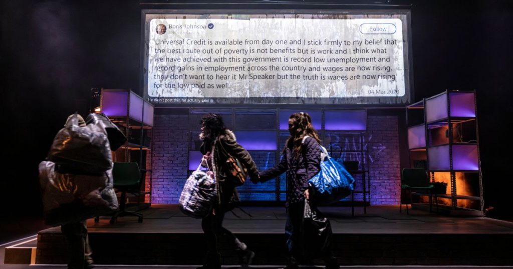 David Nellist (Daniel Blake), Jessica Johnson (Katie) and Jodie Wild (Daisy) - Credit - Pamela Raith