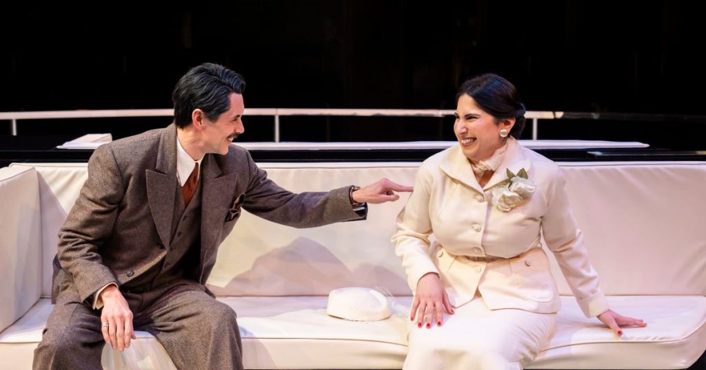 Steve John Shepherd (Elyot) and Shazia Nicholls (Sibyl) - Private Lives at Royal Exchange Theatre - Credit - Johan Persson