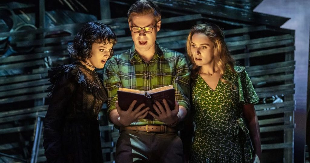 Hannah Nordberg (Lydia Deetz), David Hunter (Adam Maitland) and Chelsea Halfpenny (Barbara Maitland) - Beetlejuice The Musical - Credit - Johan Persson