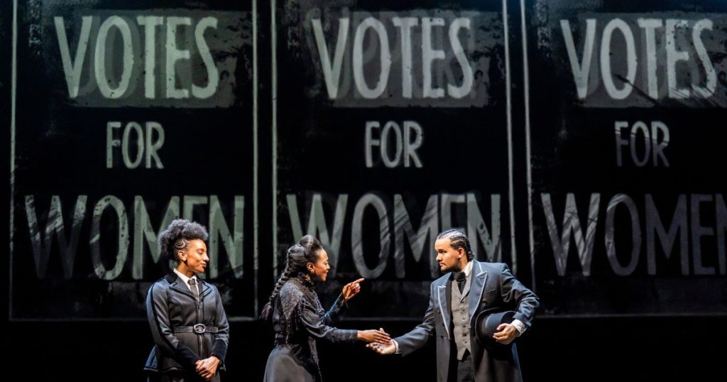 Ellena Vincent (Christabel Pankhurst), Beverley Knight MBE (Emmeline Pankhurst) and Cleve September (Lloyd GeorgeLord Curzon) in Sylvia - Credit - Tristram Kenton
