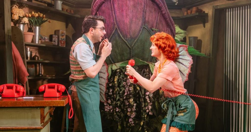Little Shop of Horrors Seymour (Jed Berry) and Audrey (Maisie Smith) Photo Danny Kaan