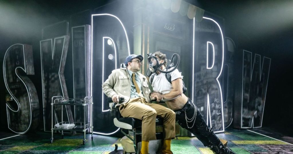 Little Shop of Horrors Seymour (Jed Berry) and Orin Scrivello, the Dentist (Benjamin Yates) Photo Danny Kaan