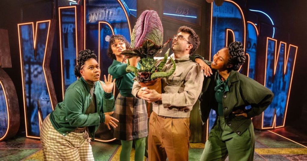 Little Shop of Horrors Seymour (Jed Berry) with Crystal (Psalsms-Nissi Myers-Reid), Chiffon (Rio Maye), Ronetta (Gabrielle Davina Smith) Photo Danny Kaan